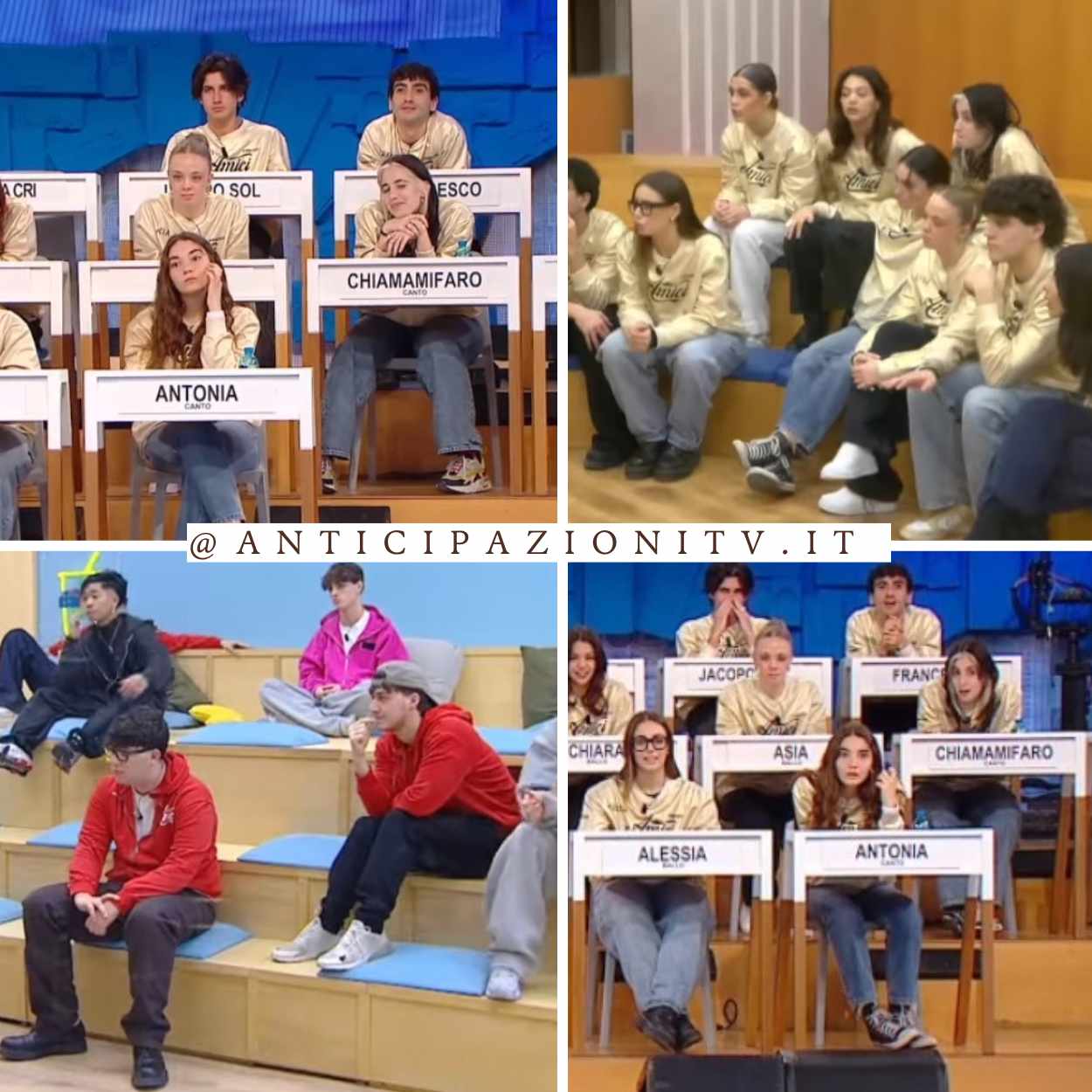 Bacio in studio tra due allievi di Amici 24 durante la registrazione del 9 marzo 2025.