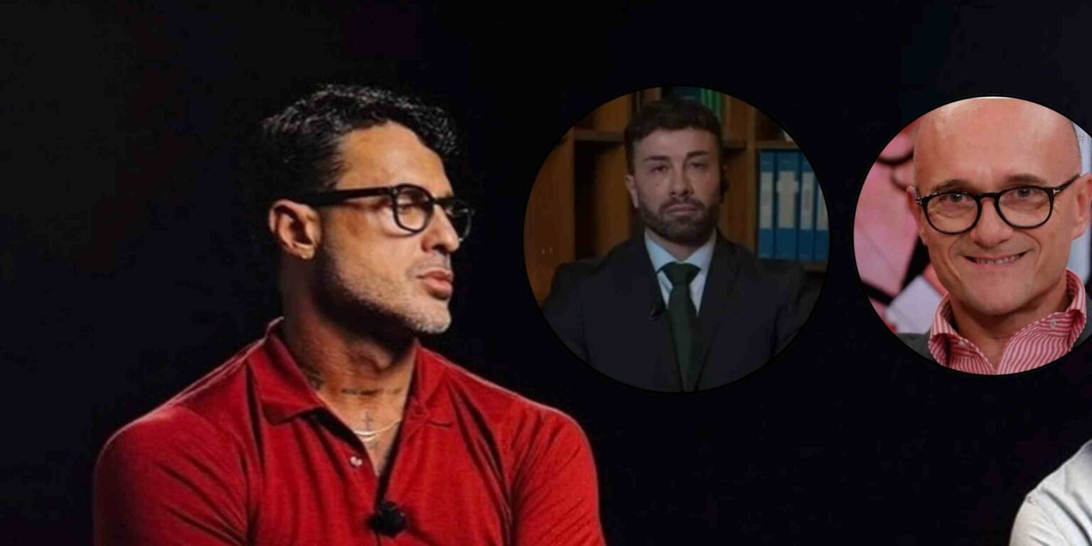 Primo piano di Alfonso Signorini e Fabrizio Corona in un contesto mediatico, con riferimento alle ipotesi di revenge porn e alle denunce legate a Falsissimo.