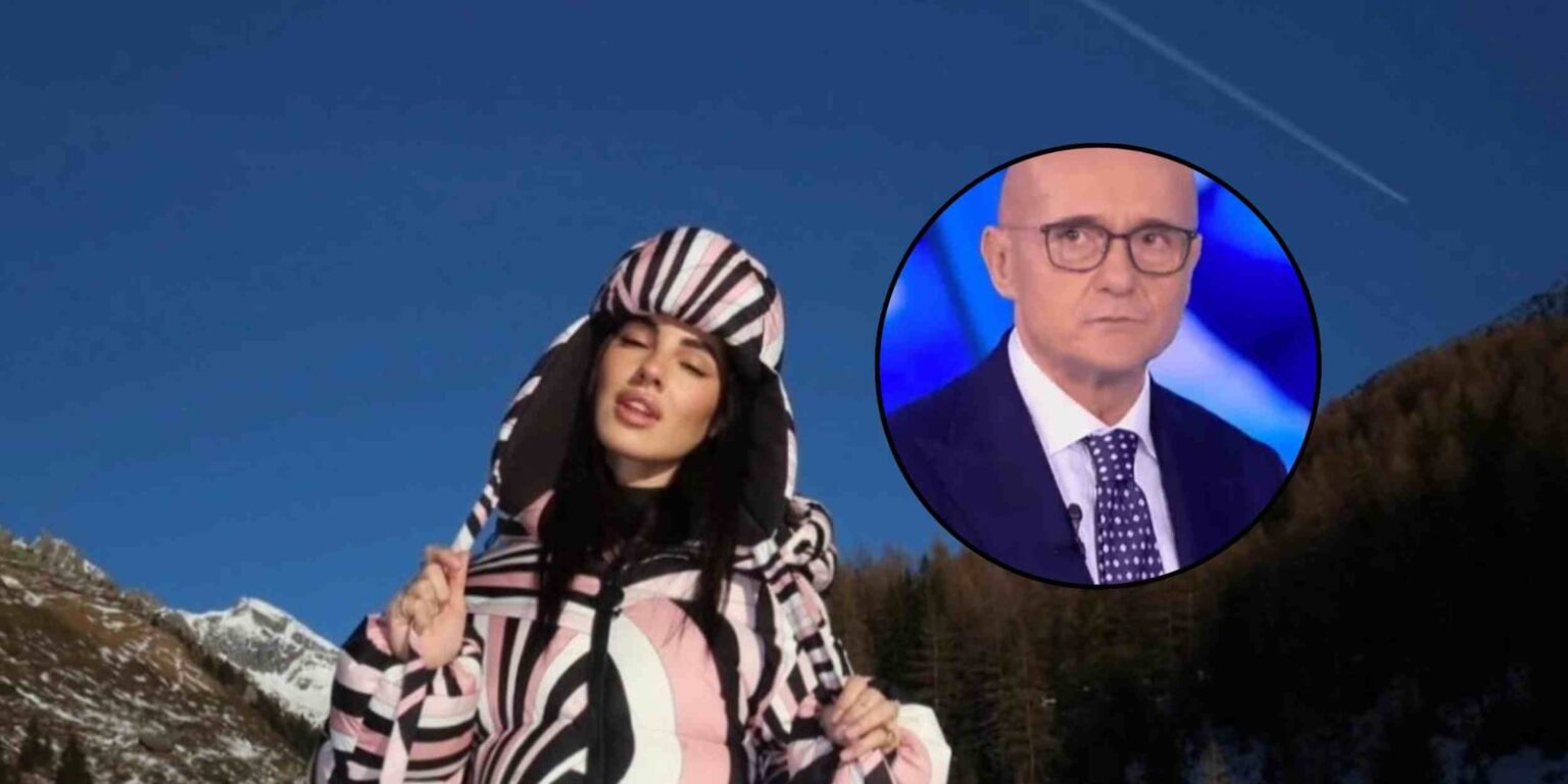 Primo piano di Giulia De Lellis, riferimento al gesto social sul caso Signorini.