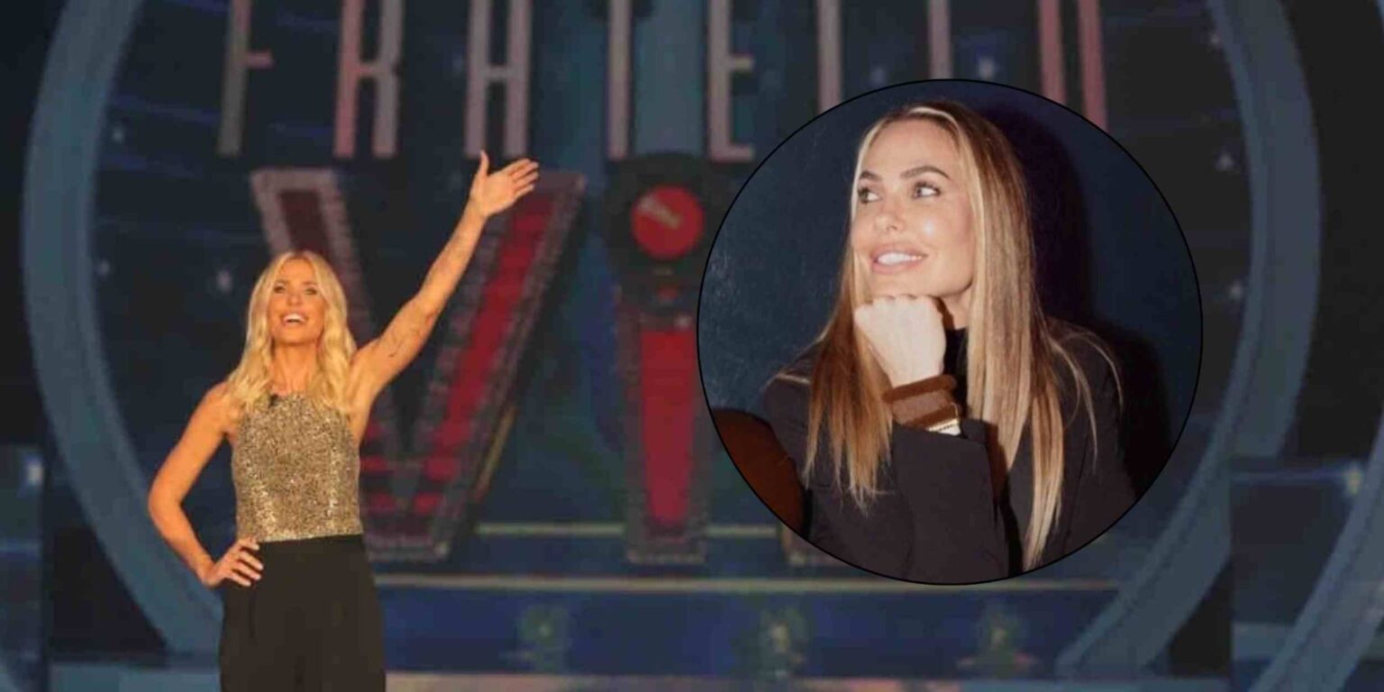 Ilary Blasi in studio durante una conduzione televisiva in prima serata