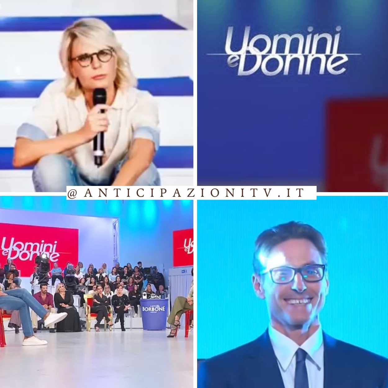 Maria De Filippi nello studio di Uomini e Donne, durante una puntata del noto programma televisivo di Canale 5.