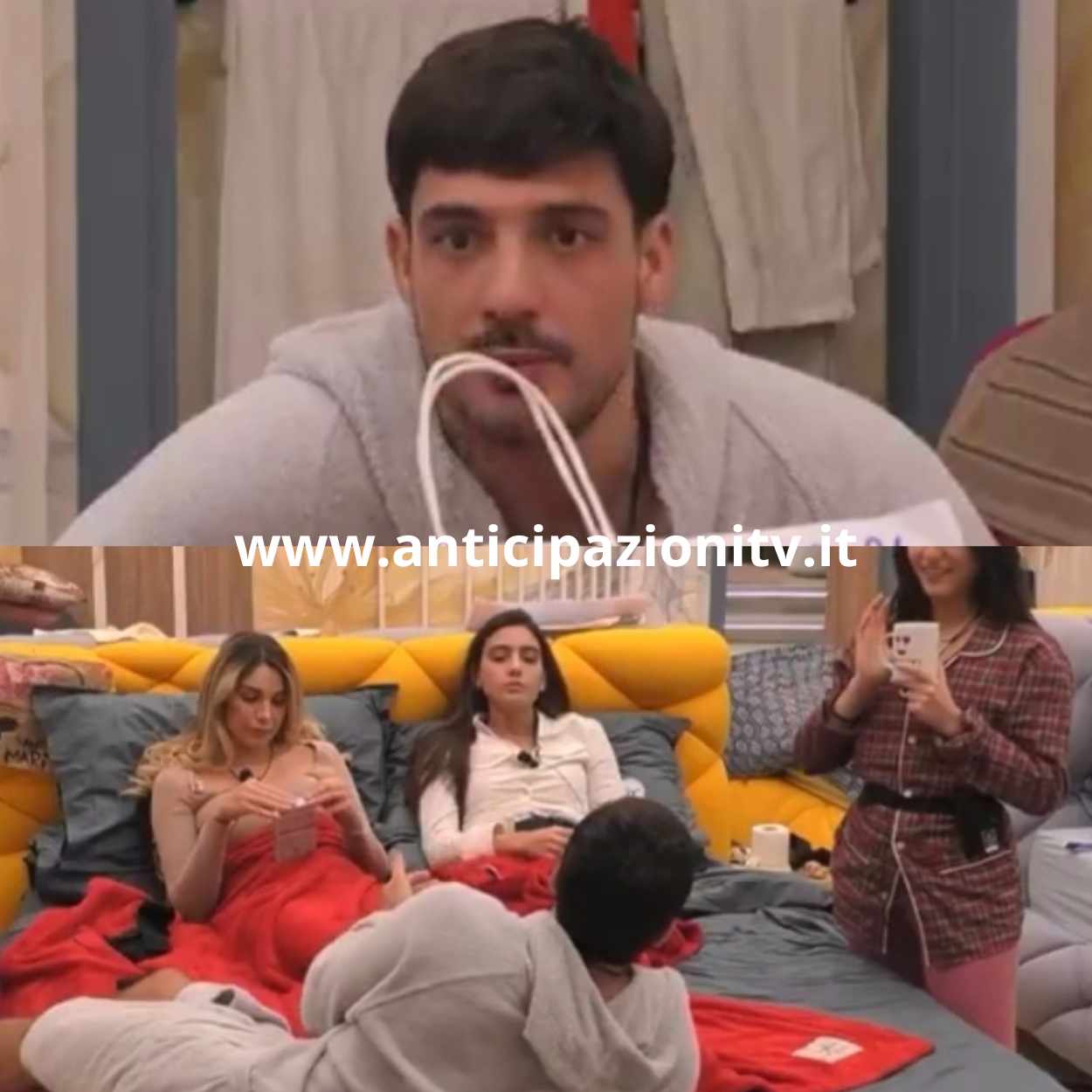 Lorenzo Spolverato al Grande Fratello mentre parla con Chiara Cainelli e Zeudi Di Palma