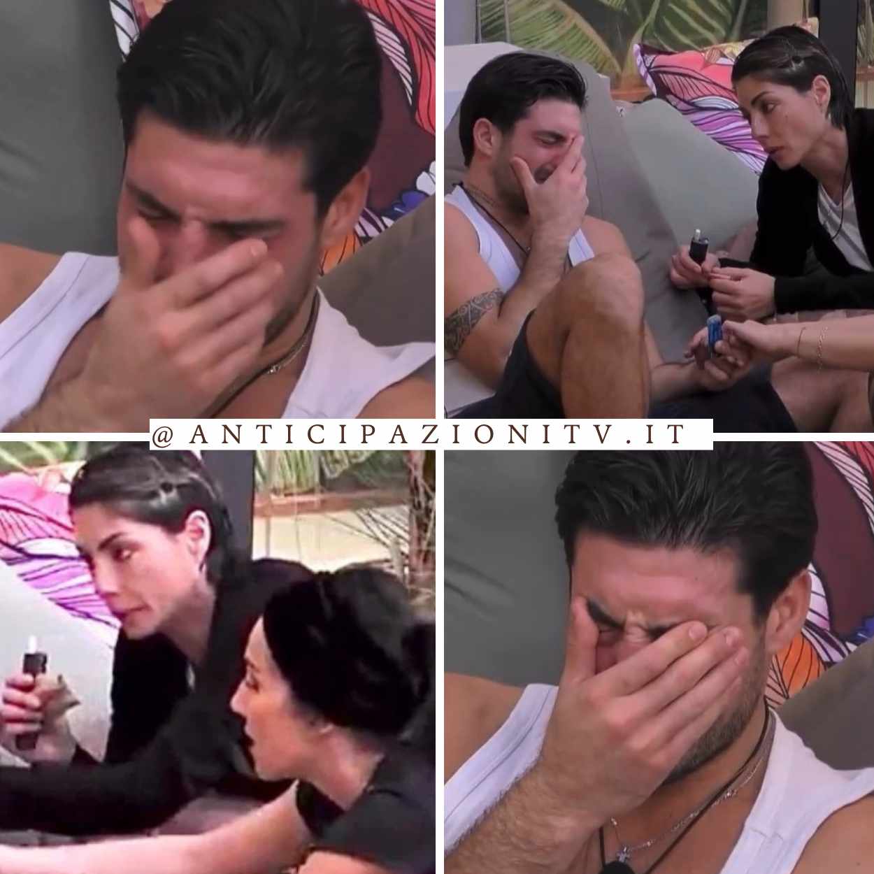 Lorenzo Spolverato in lacrime al Grande Fratello, durante un momento di riflessione sul suo passato.