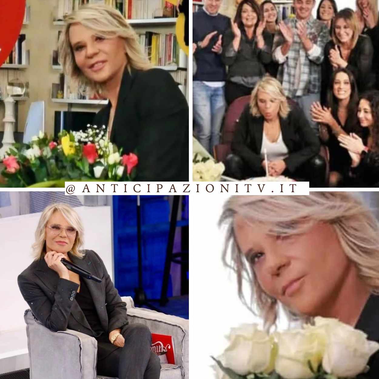 Maria De Filippi il giorno del compleanno, circondata da fiori e una torta speciale nel suo ufficio.