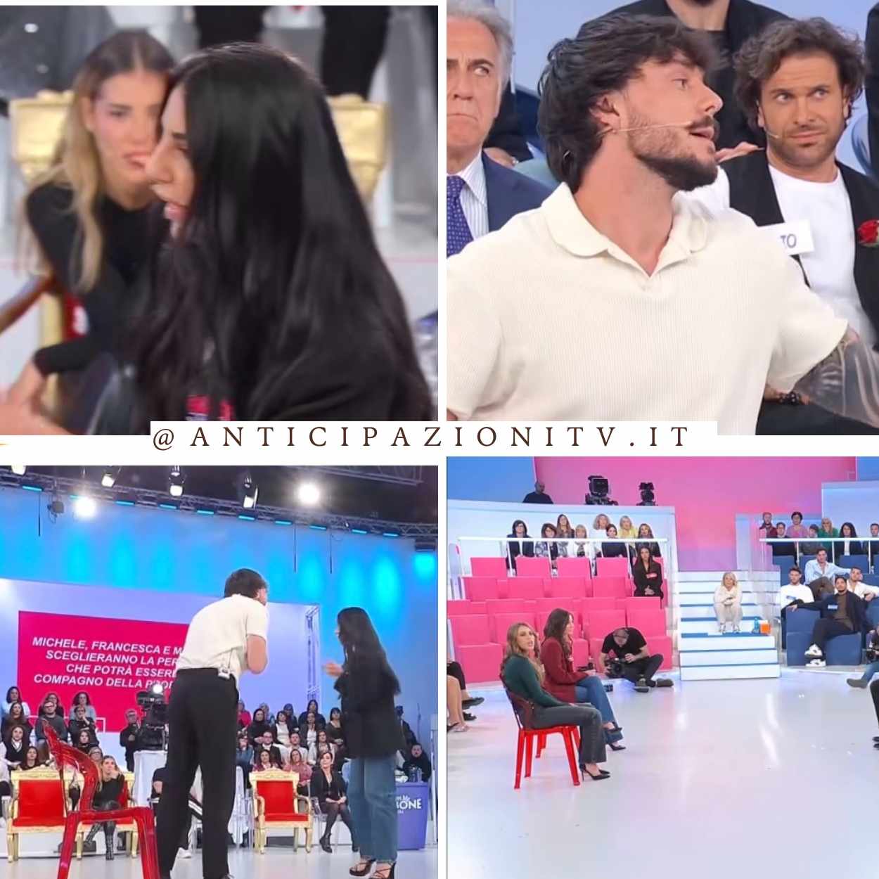 Michele Longobardi con le corteggiatrici Amal, Veronica e Mary nello studio di Uomini e Donne.