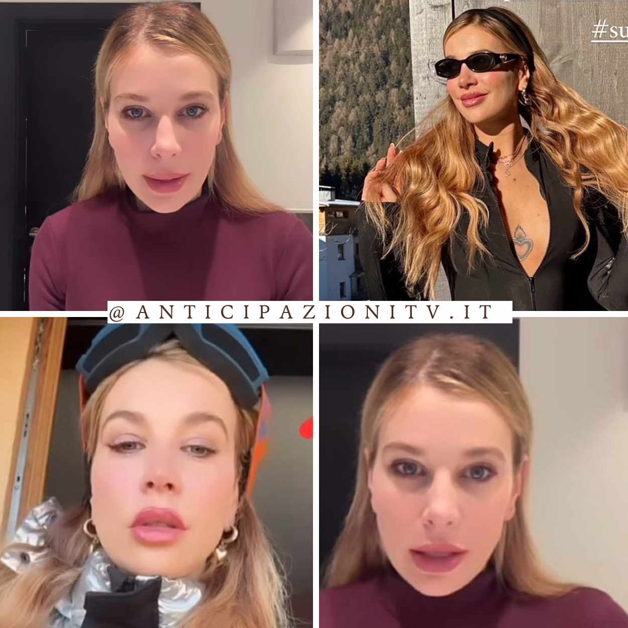 Clizia Incorvaia in montagna, vestita per lo sci, durante la vacanza natalizia in Trentino Alto Adige.