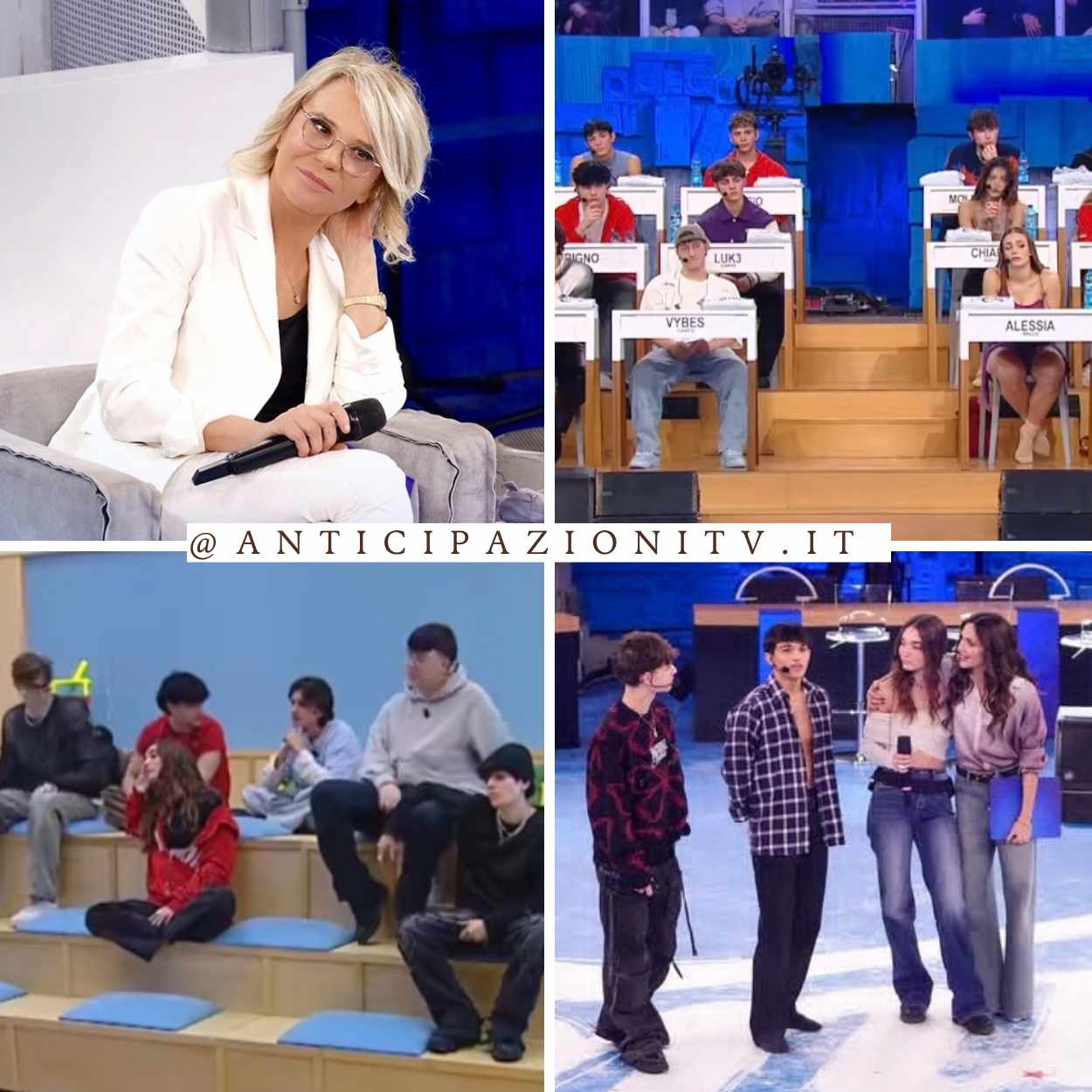 Lo studio di Amici 24 durante una serata di esibizioni, con il palco illuminato e il pubblico coinvolto.