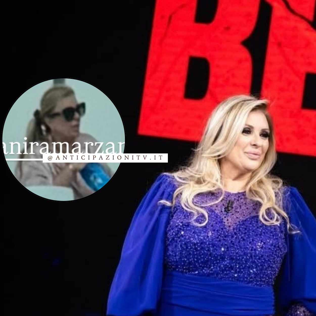 Tina Cipollari seduta al pronto soccorso di Olbia con occhiali da sole e patatine in mano.