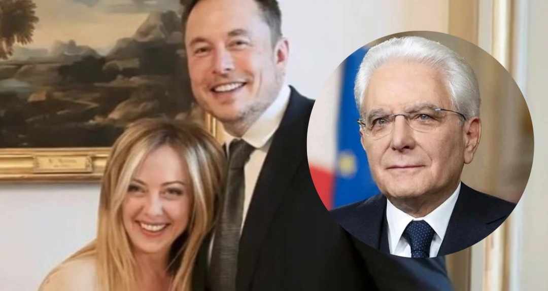 Uno scatto di Sergio Matterella da un lato e Elon Musk con Giorgia Meloni dall'altro