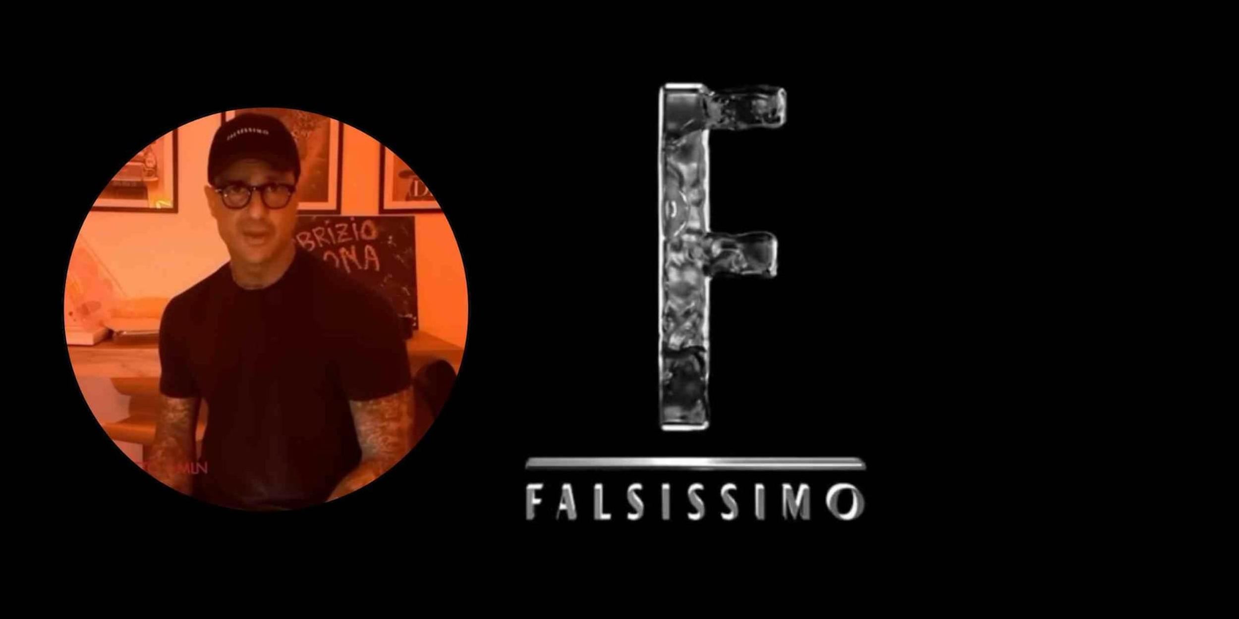 Fabrizio Corona e il logo di Falsissimo in un contesto social con riferimento a Instagram