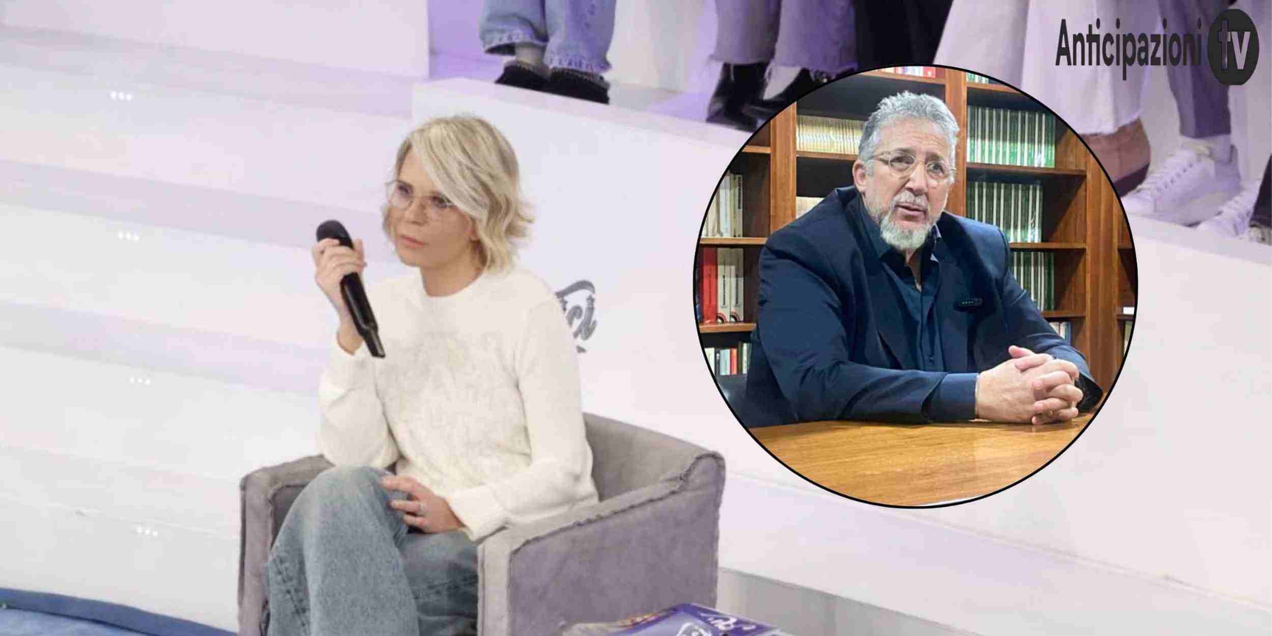 Primo piano di Lucio Presta e immagine simbolica di uno studio TV, riferimento alle accuse a Maria De Filippi nel libro L’Uragano.
