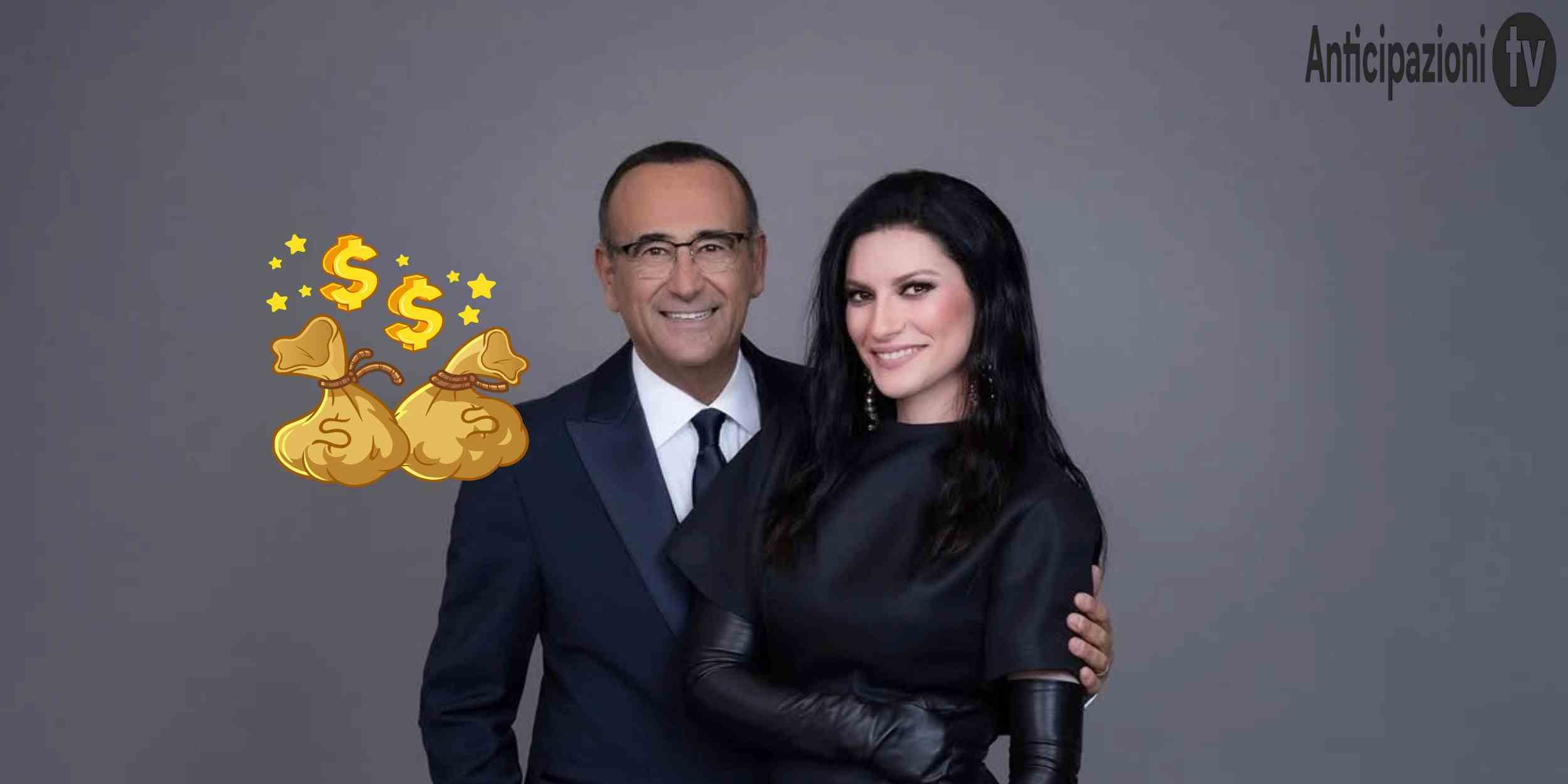 Carlo Conti e Laura Pausini sul palco dell’Ariston a Sanremo 2026, riferimento ai cachet stimati e alle fasce di compenso per conduttori e co-conduttori.