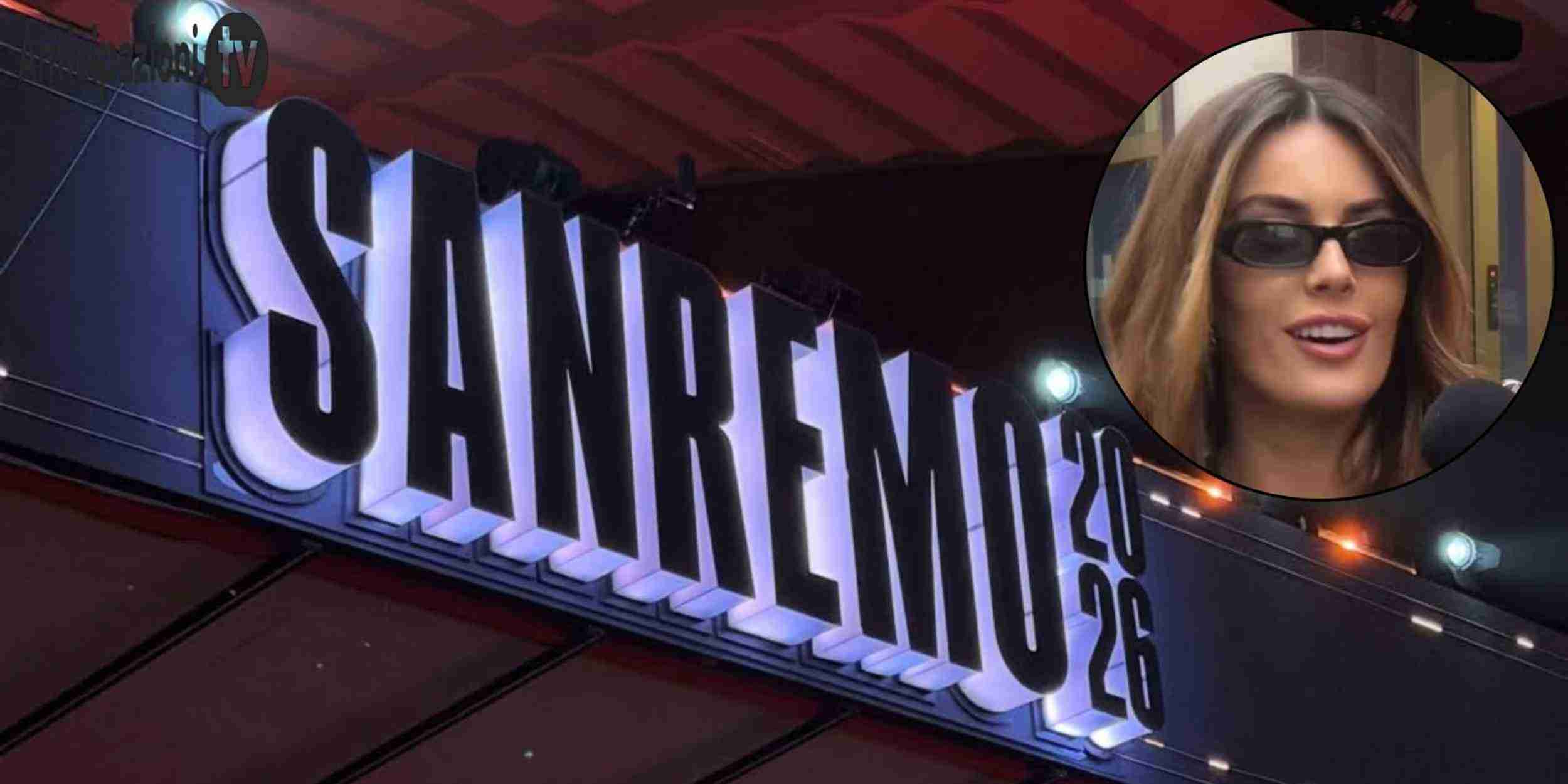 Sophie Codegoni a Sanremo 2026 durante uno sketch in strada mentre indica Leo Gassmann e Tredici Pietro come cantanti più belli in gara.