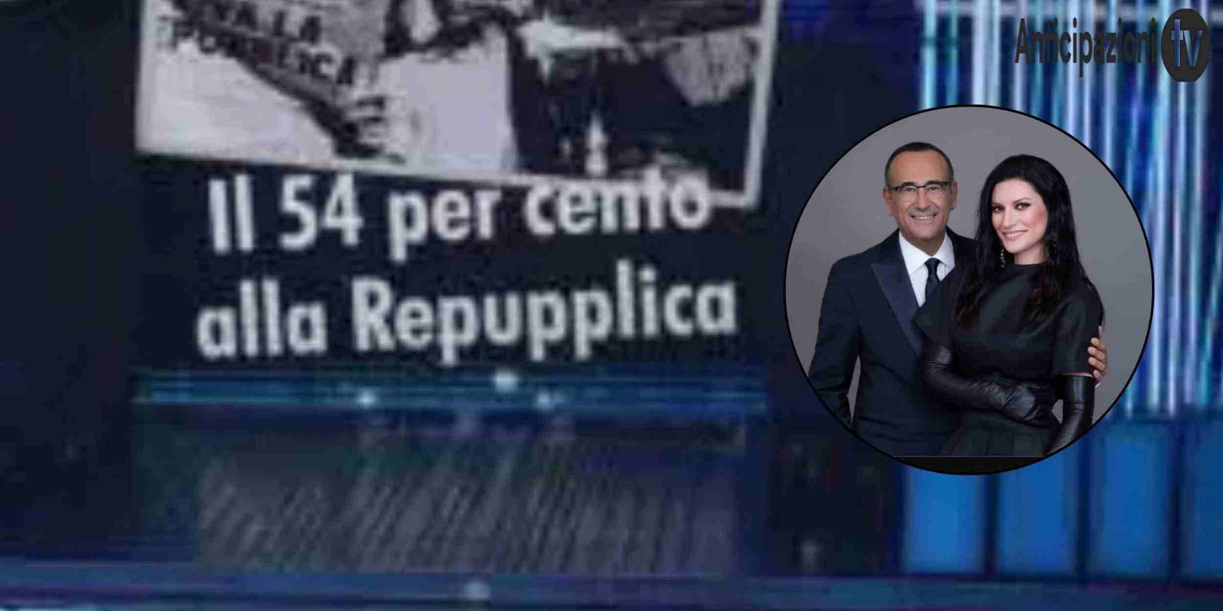 Palco dell’Ariston durante la prima serata di Sanremo 2026 con riferimento a gaffe, refuso “Repupplica” e problemi tecnici al microfono.