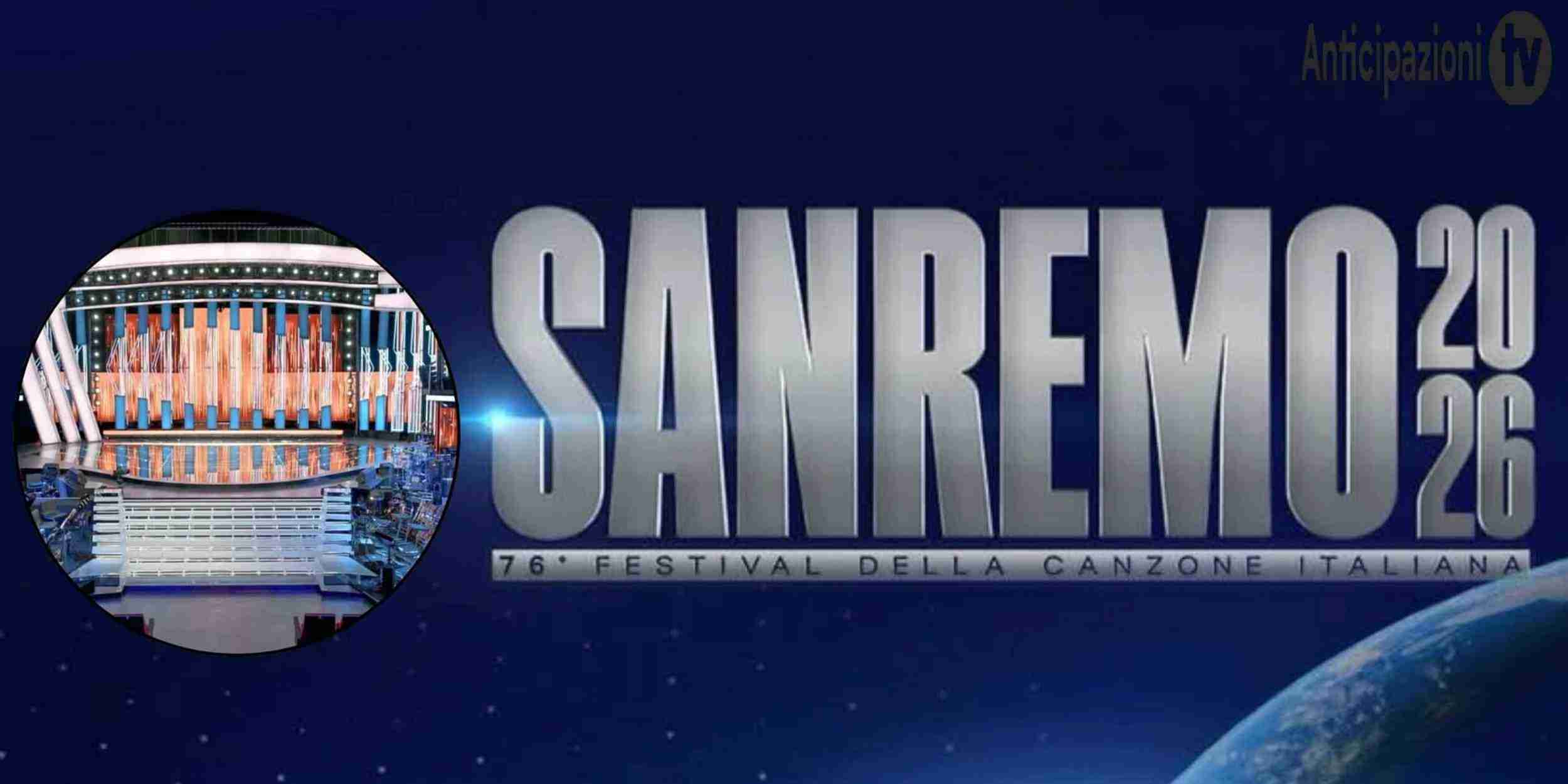Teatro Ariston illuminato durante Sanremo 2026 con riferimento al programma delle serate, ospiti e duetti della quarta serata.