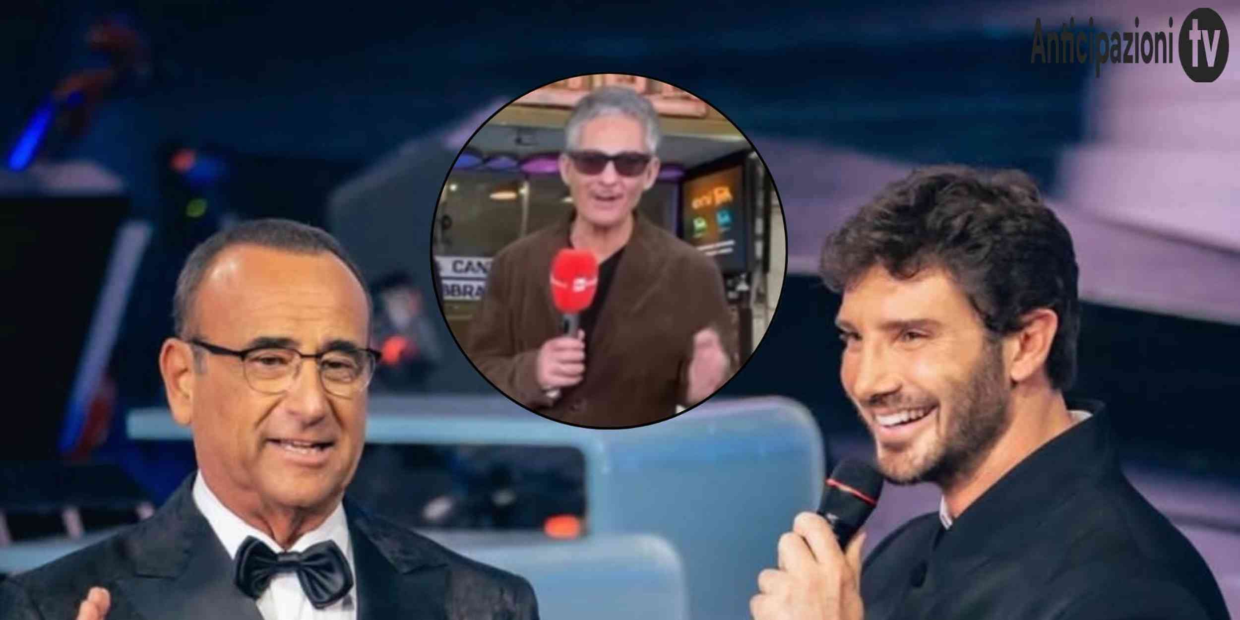 Carlo Conti in platea con Stefano De Martino durante la finale: annuncio del nuovo conduttore di Sanremo 2027 e commento di Fiorello sulla scelta Rai.