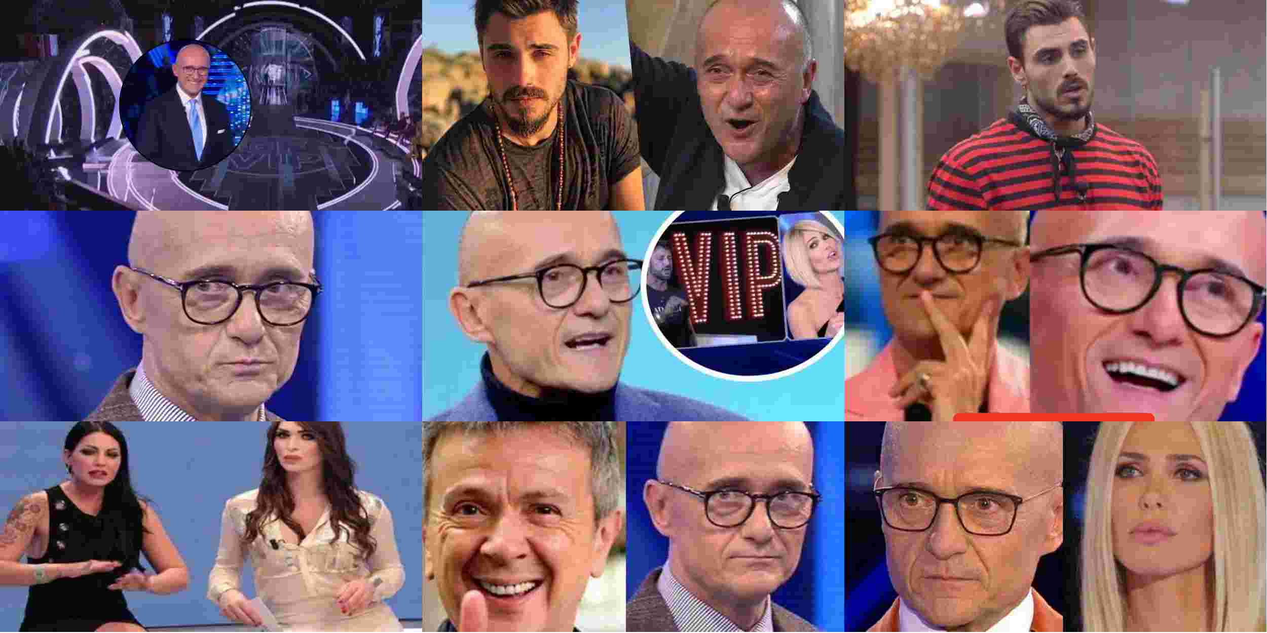 Logo luminoso del Grande Fratello VIP con luci rosse e blu sullo sfondo e Alfonso Signorini