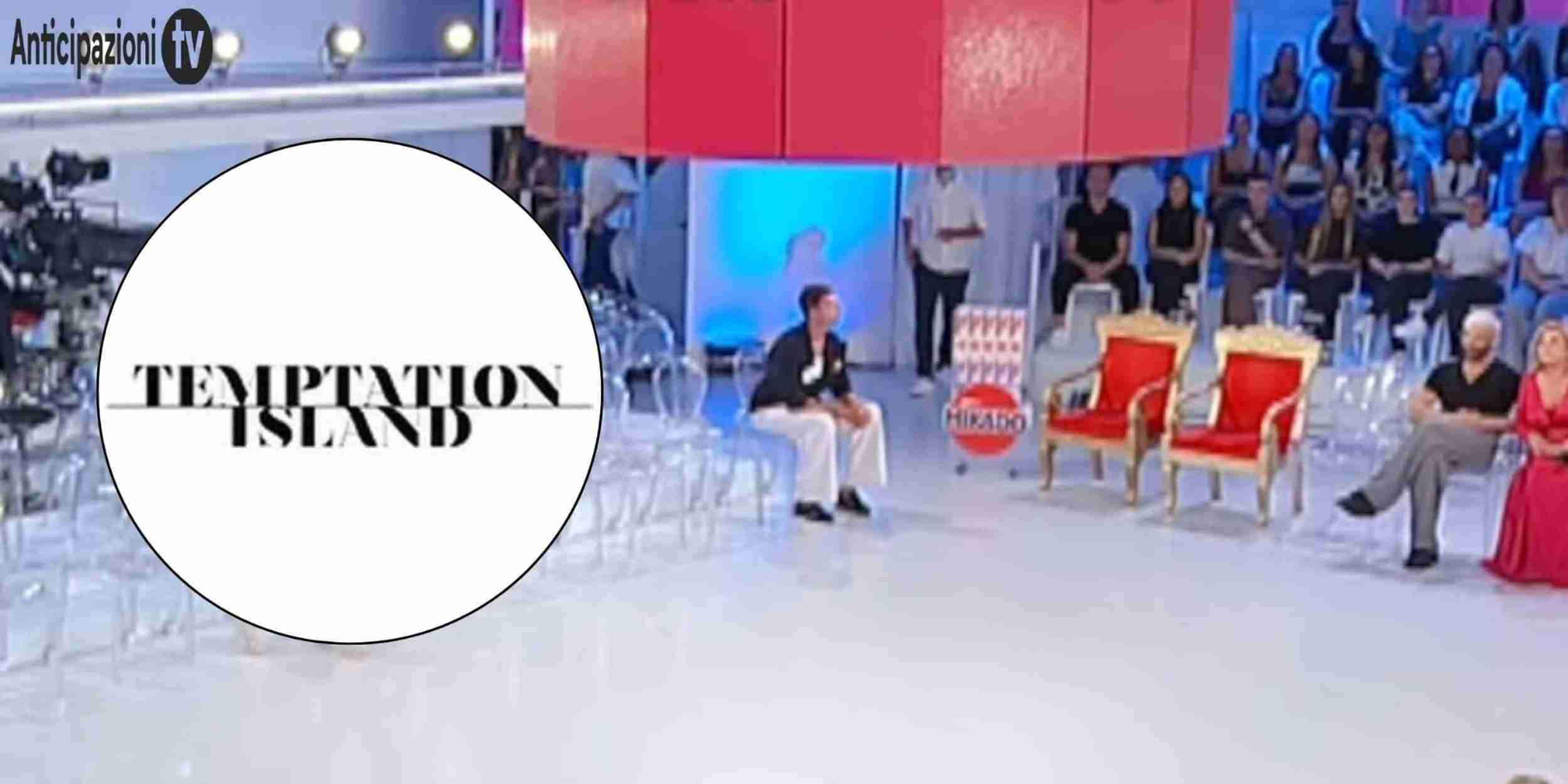 Il logo di Temptation Island e un frame dello studio di Uomini e Donne